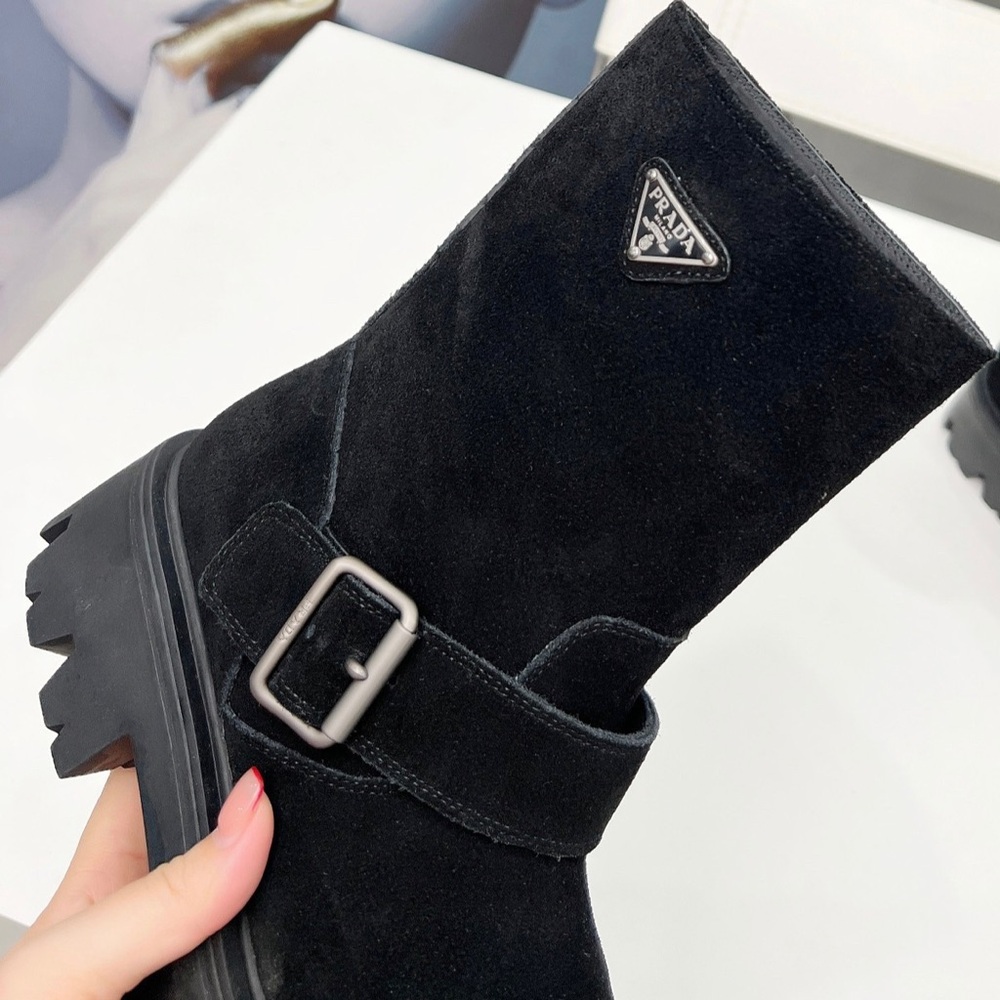Women's Prada Black Suede Triangle Logo Buckle Chunky Platform Mid-Calf Boots - Picture 7 of 8
